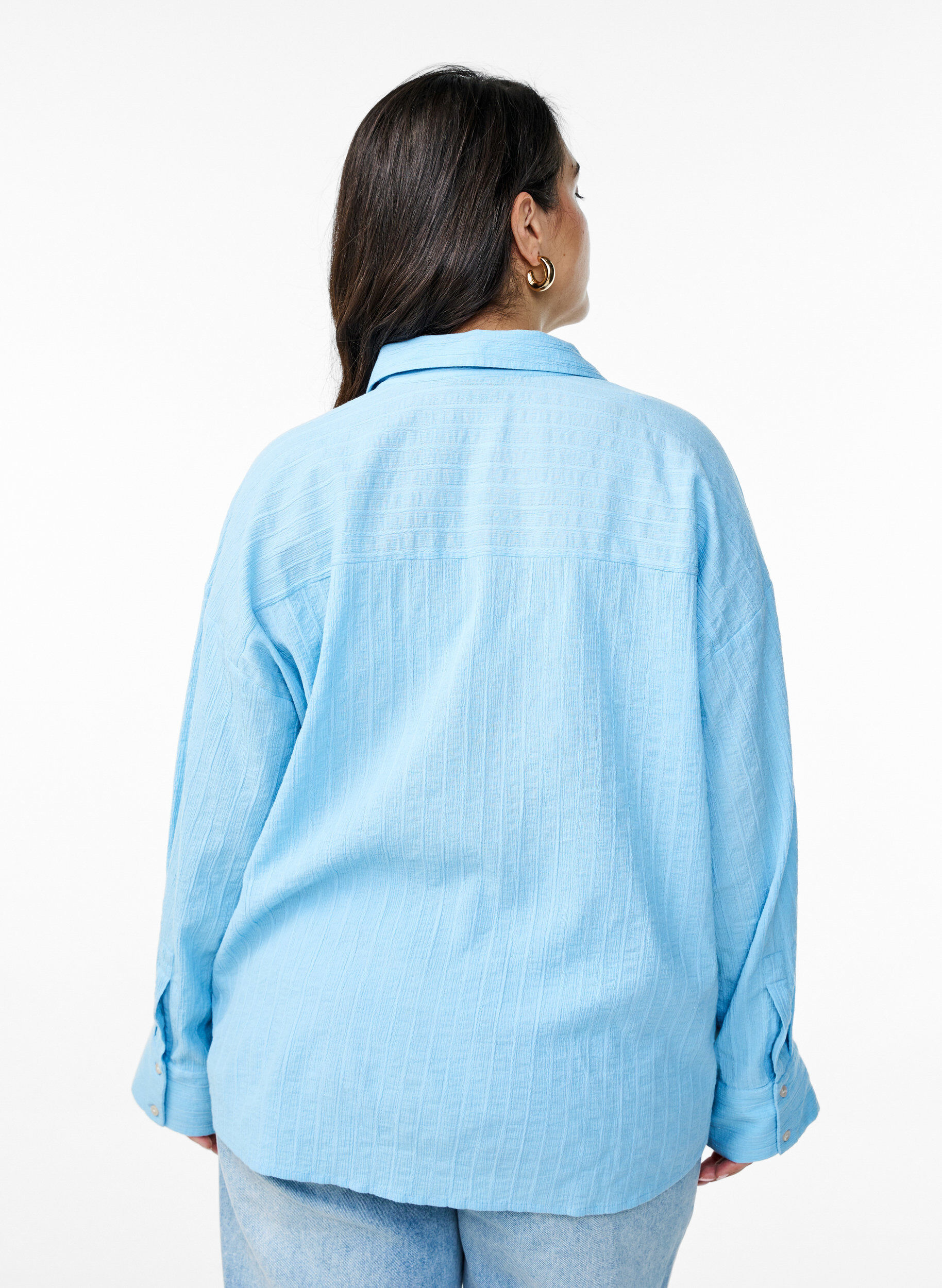 Zizzifashion Loose shirt with striped texture and glitter thread, Light Blue, Model image number 2