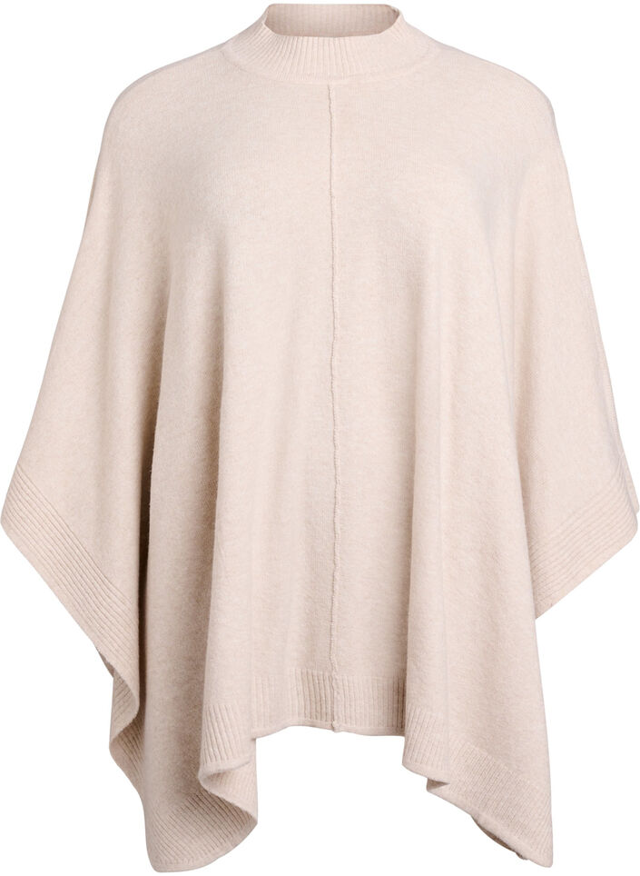 Poncho with rib details and a round neck, Beige, Packshot image number 0