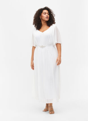 Maxi dress with pleats and short sleeves, Bright White, Model image number 0