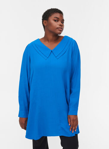 Viscose tunic with v-neckline and collar, Princess Blue, Model image number 0