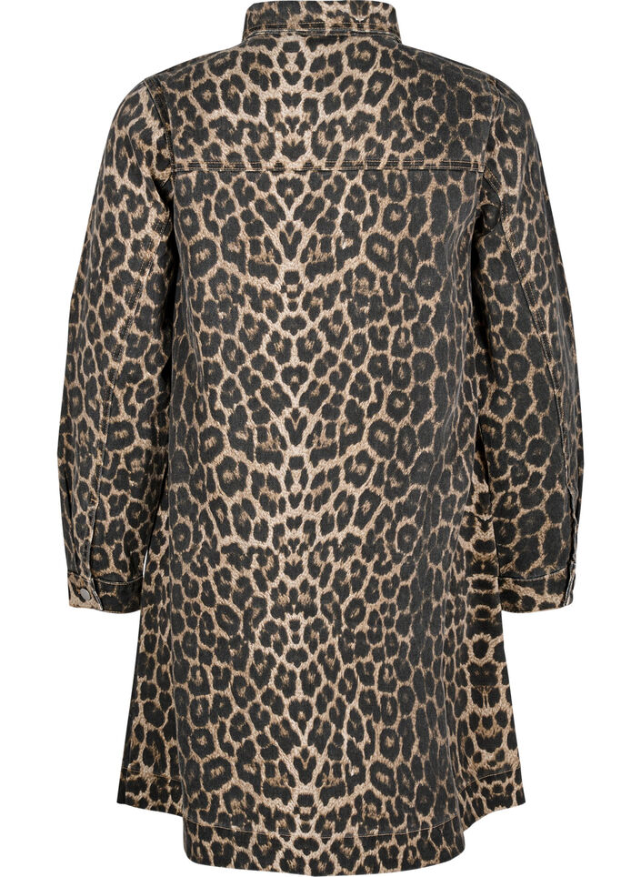 Long-sleeved denim dress with leopard print, Brown Leo AOP, Packshot image number 1