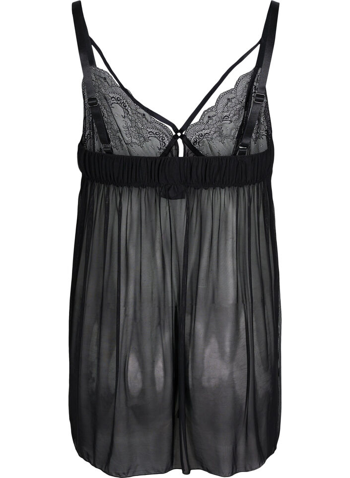 Transparent chemise with lace, Black, Packshot image number 1