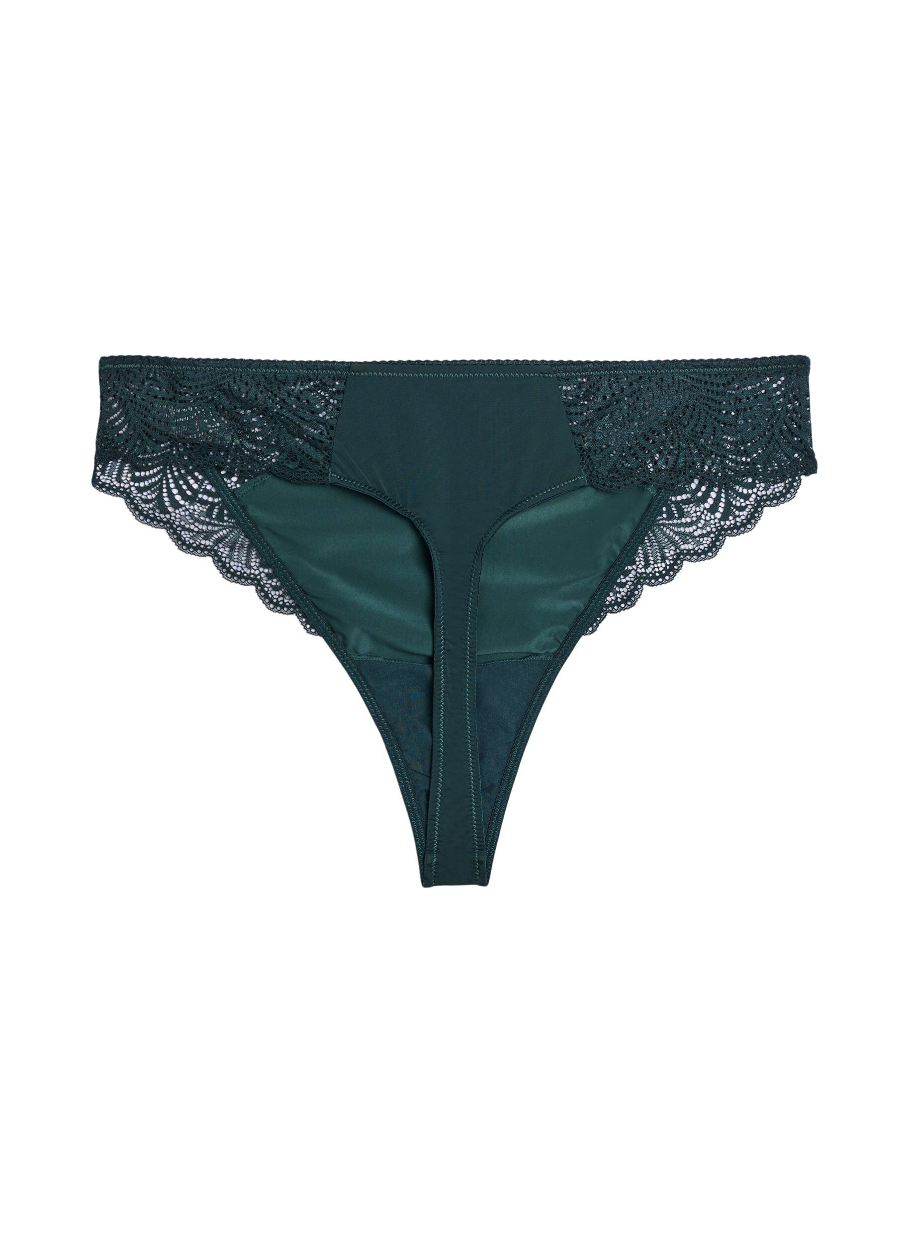 Zizzifashion Microfibre thong with lace details, Green, Packshot image number 1