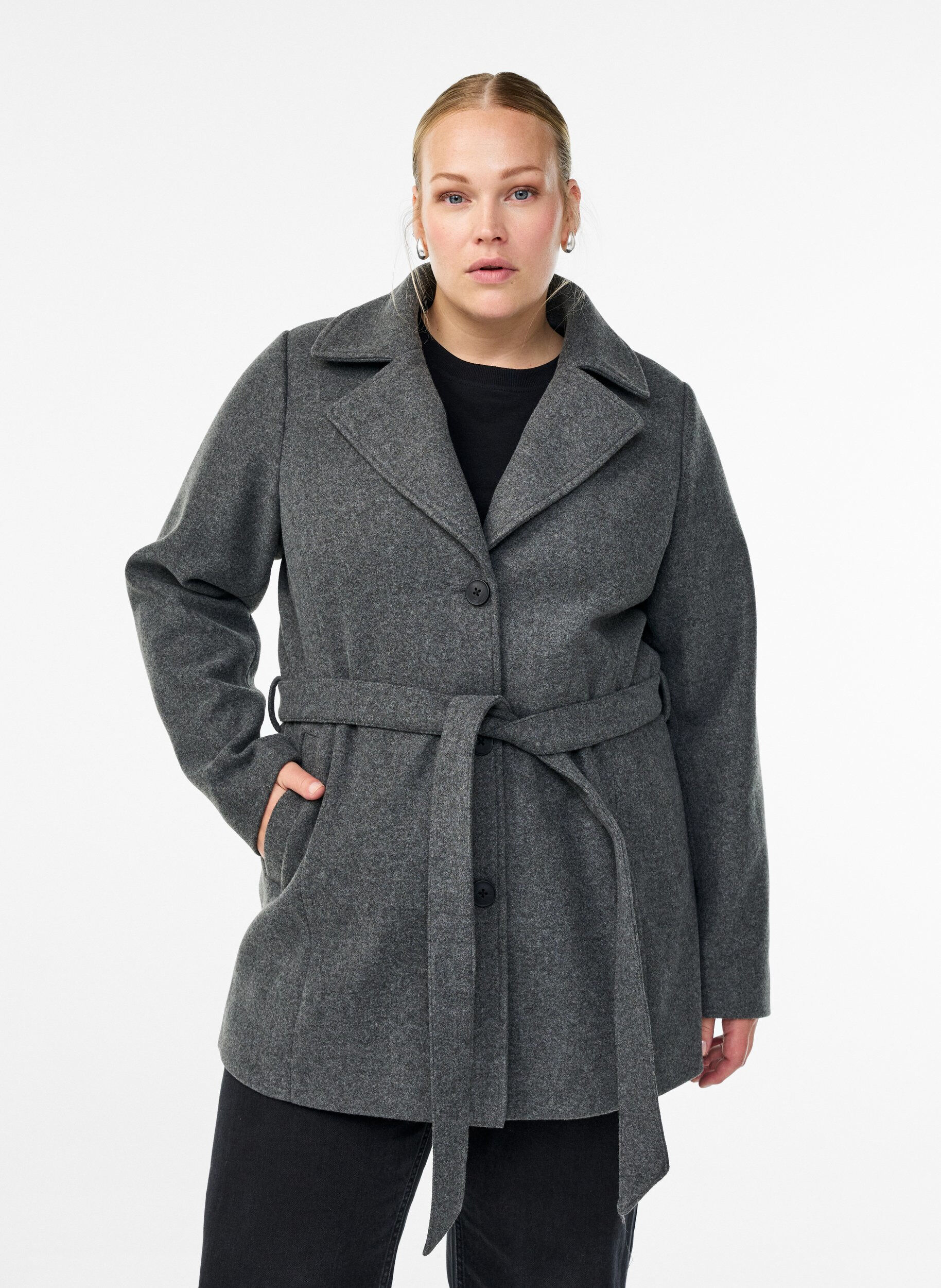 Short coat with a belt, Grey, Model