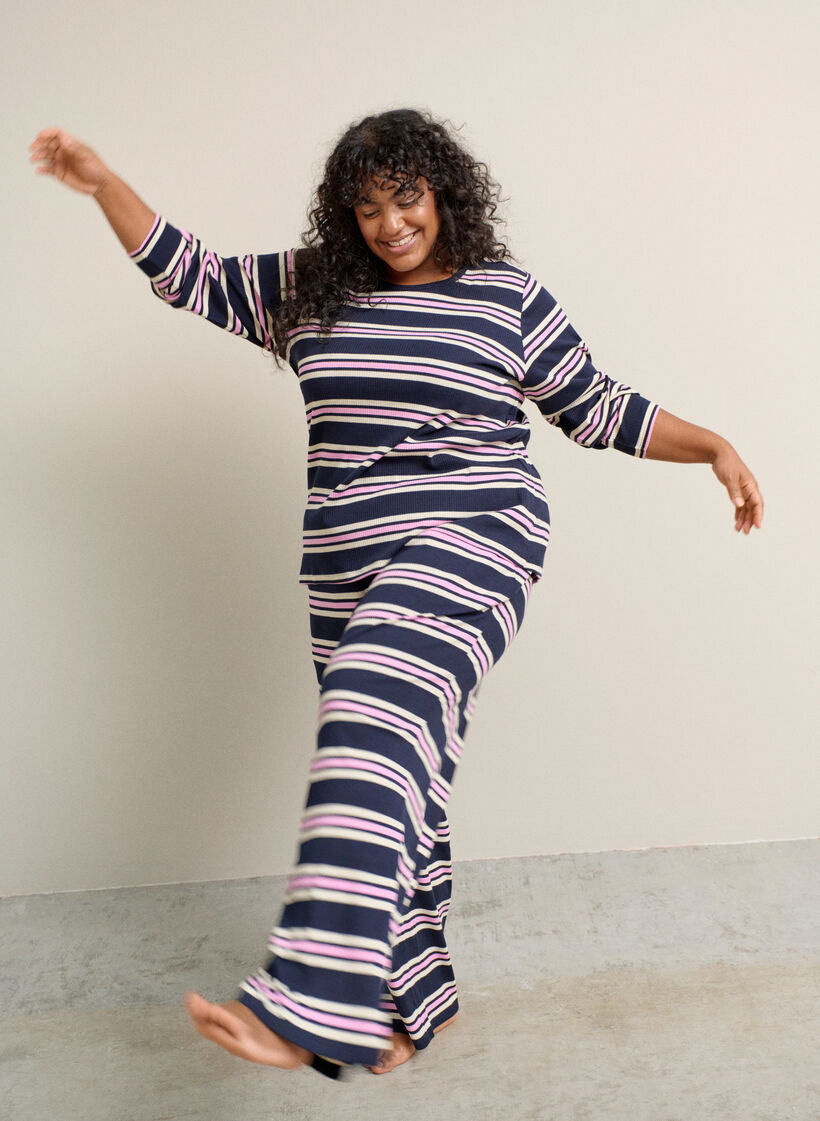 Long-sleeved night top in ribbed jersey with stripes, Blue, Image