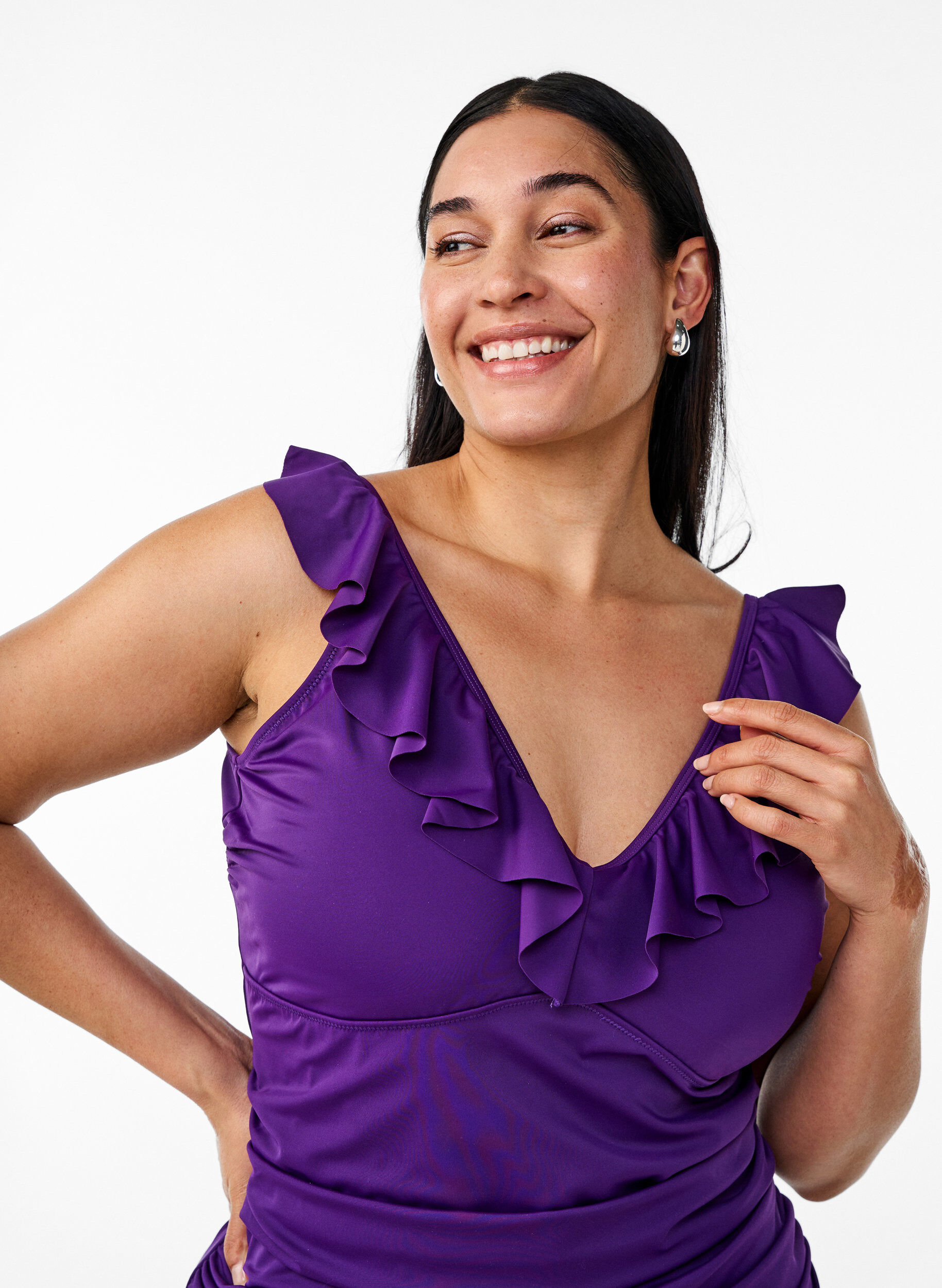 Zizzifashion Swimsuit with ruffles and removable padding, Purple, Model image number 2