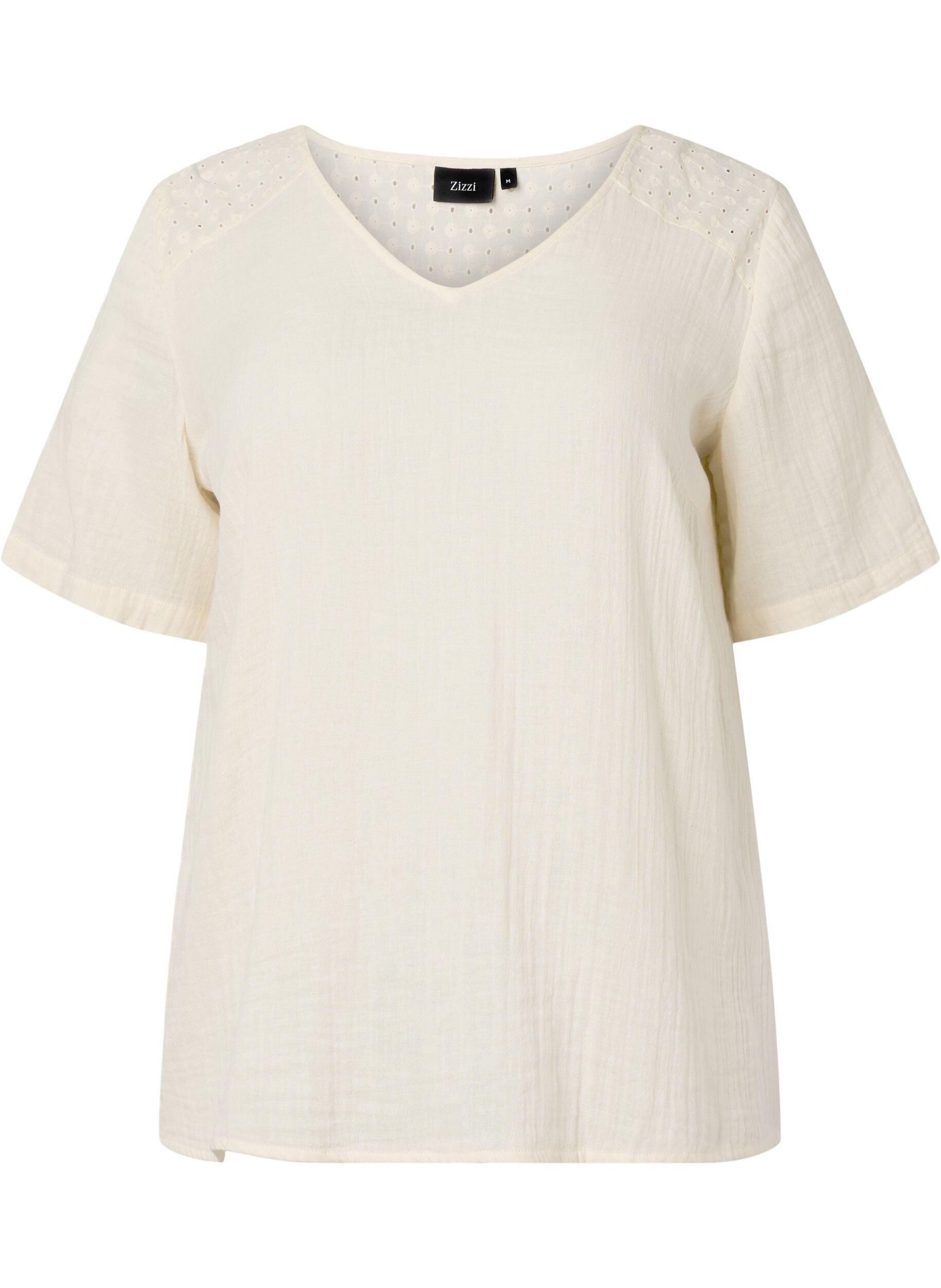 Zizzifashion Cotton blouse with embroidery and short sleeves, Buttercream, Packshot image number 0