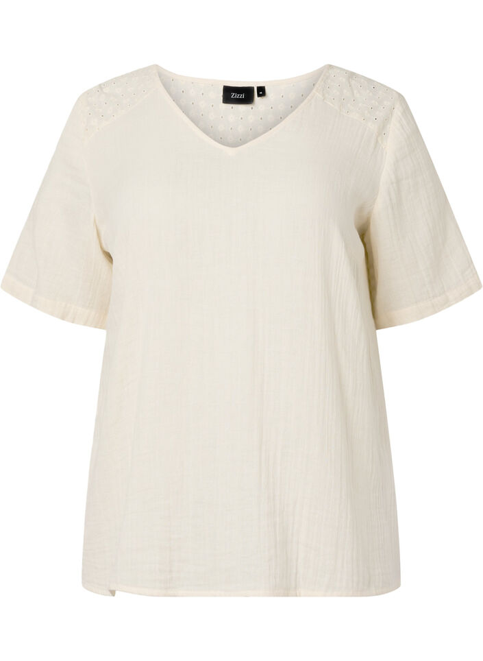 Cotton blouse with embroidery and short sleeves, Buttercream, Packshot image number 0