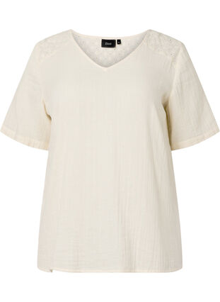 Cotton blouse with embroidery and short sleeves, Buttercream, Packshot image number 0