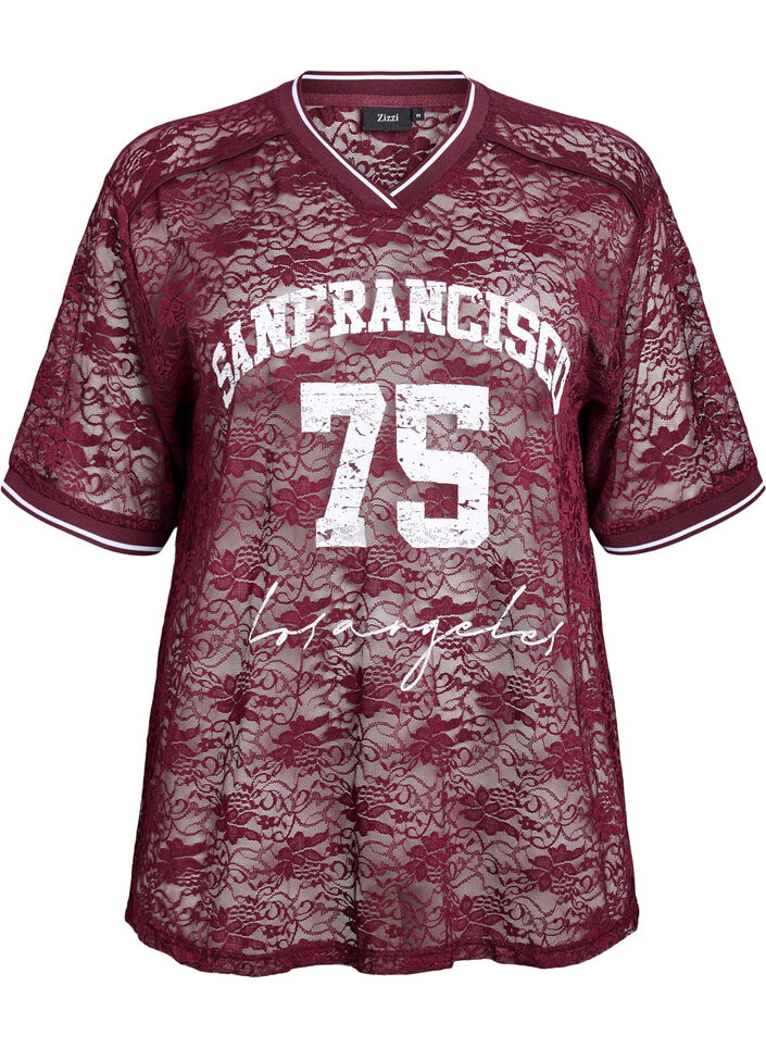 Sporty lace t-shirt with a loose fit, Dark Bordeaux, Packshot image number 0