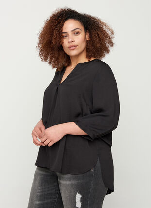 Blouse with 3/4 sleeves and V-neck, Black, Model image number 0