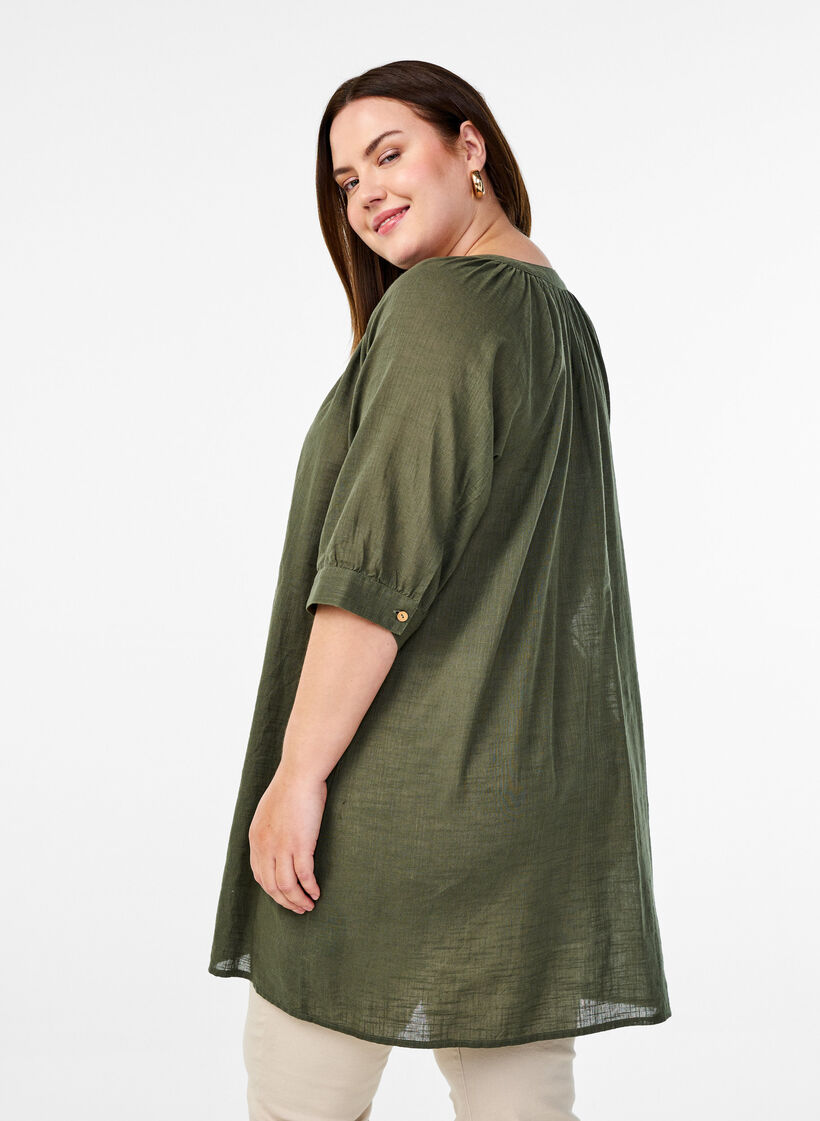 Cotton tunic with a V-neck, Green, Model image number 2