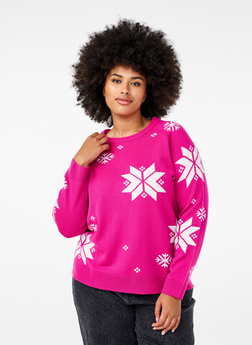 Knitted jumper with snowflakes, Pink, Model image number 0