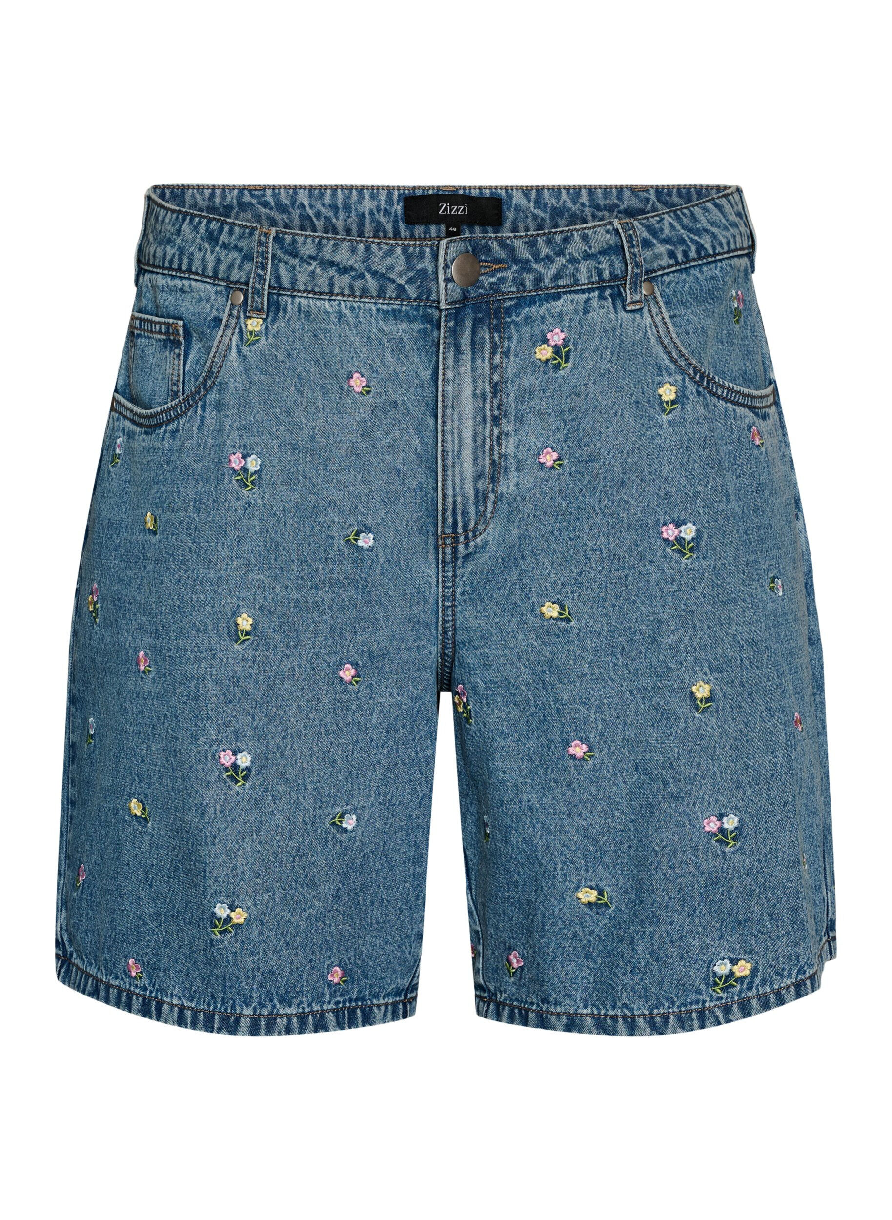 Zizzifashion Denim shorts with embroidered flowers, Light Blue, Packshot image number 0