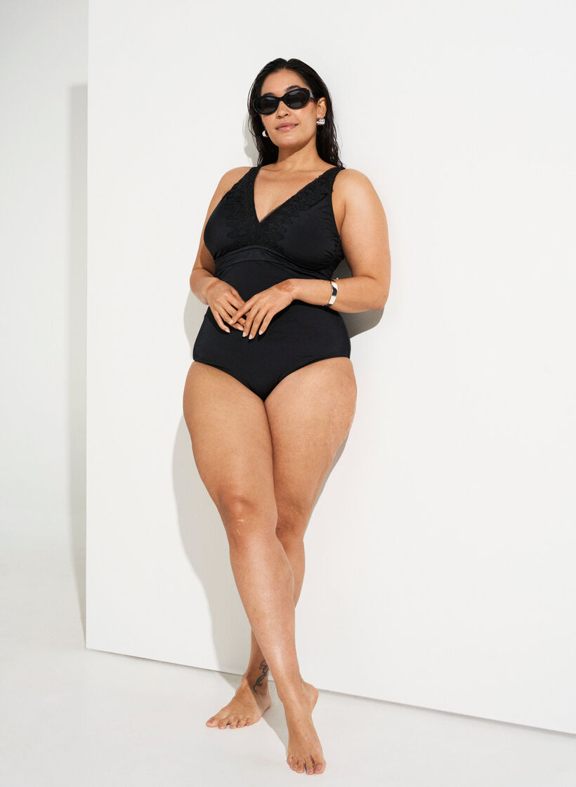 Swimsuit with v-neck and embroidery, Black, Image image number 0