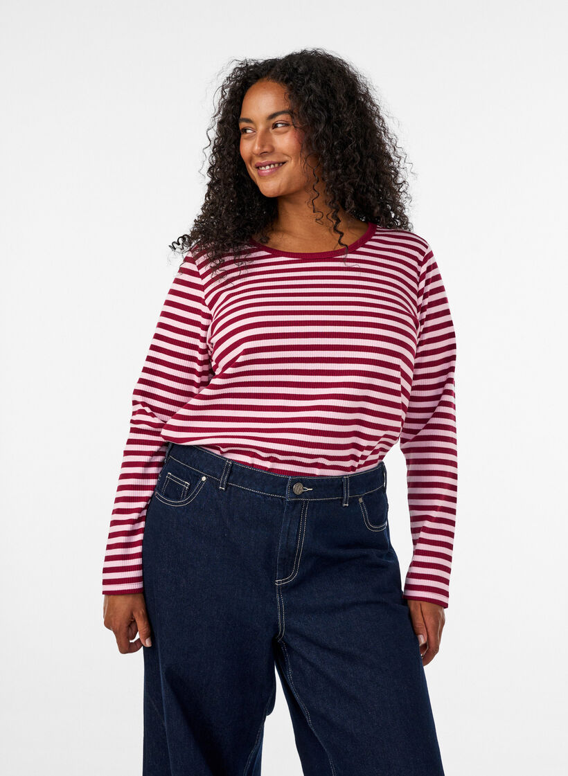 Striped blouse with long sleeves, Rose, Model image number 0