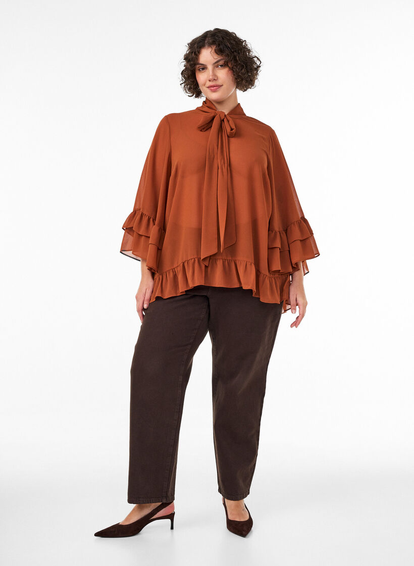 Blouse with ribbon tie and ruffle details, Brown, Model image number 1