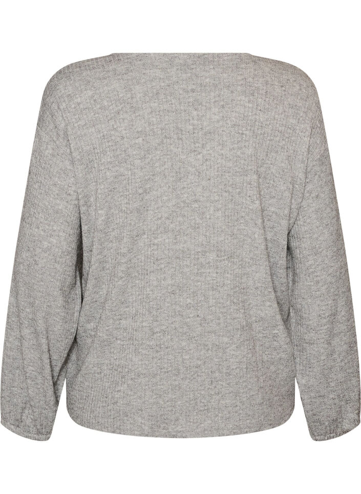 Jersey blouse with ribbed texture and V-neck, Grey, Packshot image number 1