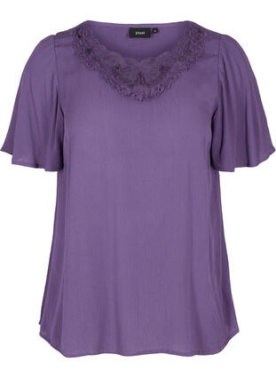 Short-sleeved viscose blouse with lace, Loganberry, Packshot image number 0