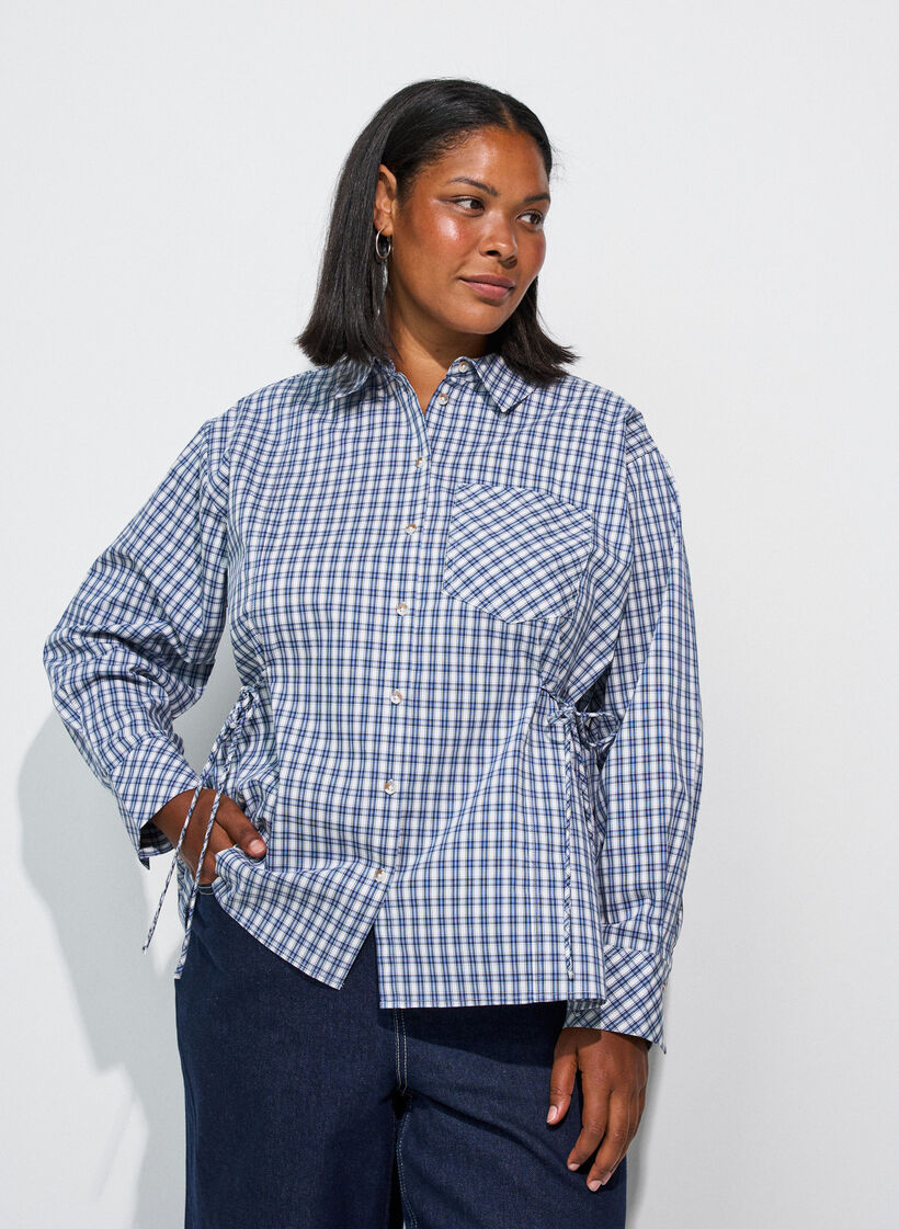Loose checked shirt with a tie-belt, Blue, Model image number 3