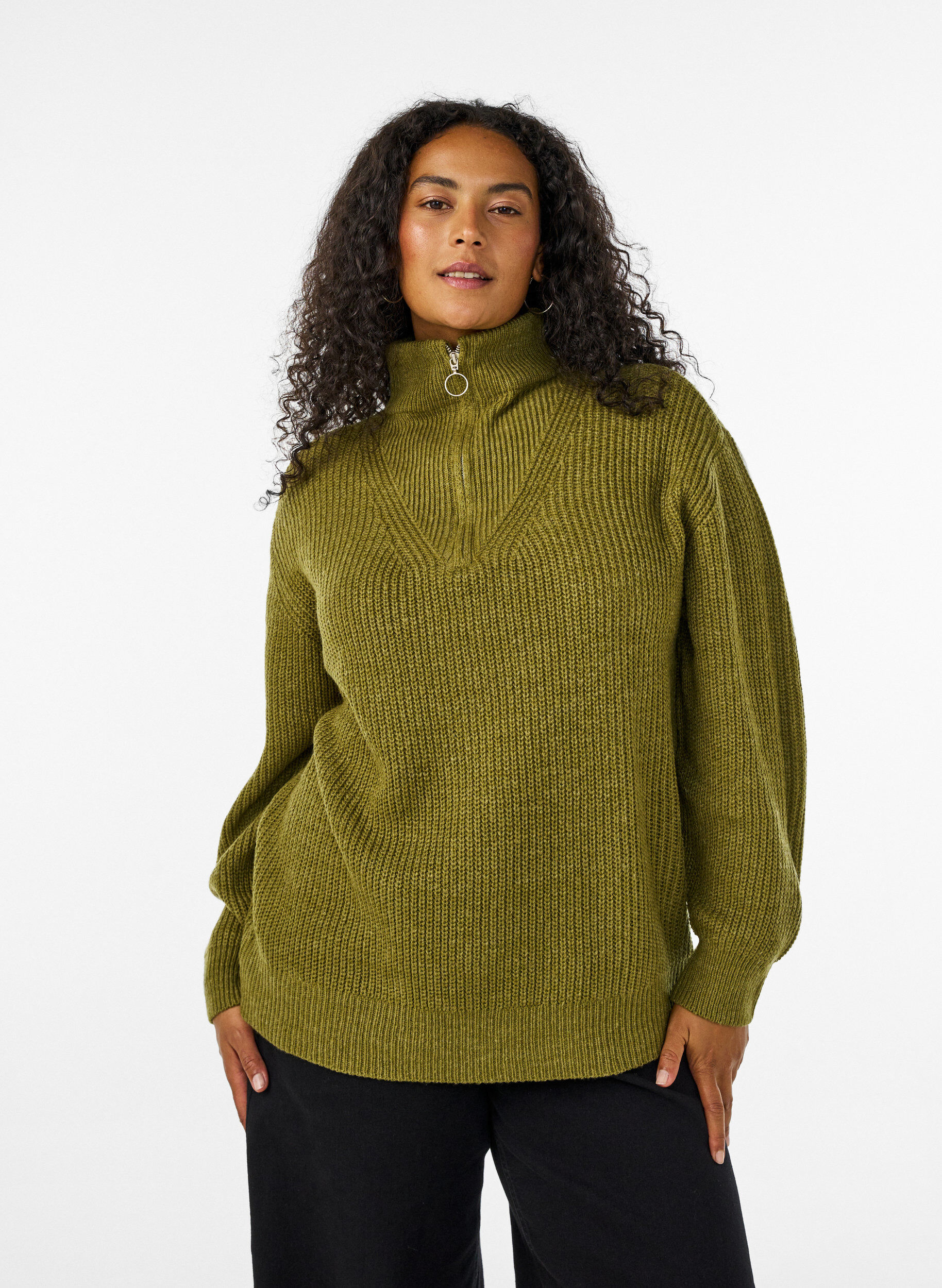 Knitted sweater with high neck and zipper, Green, Model