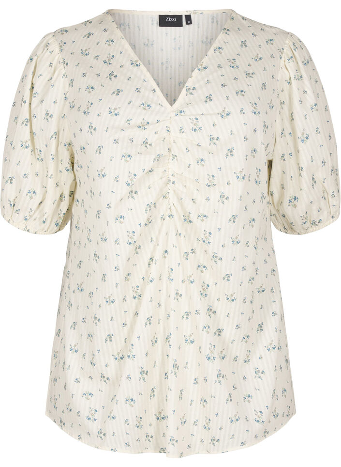 Blouse with short puff sleeves and ruching detail, White, Packshot image number 0