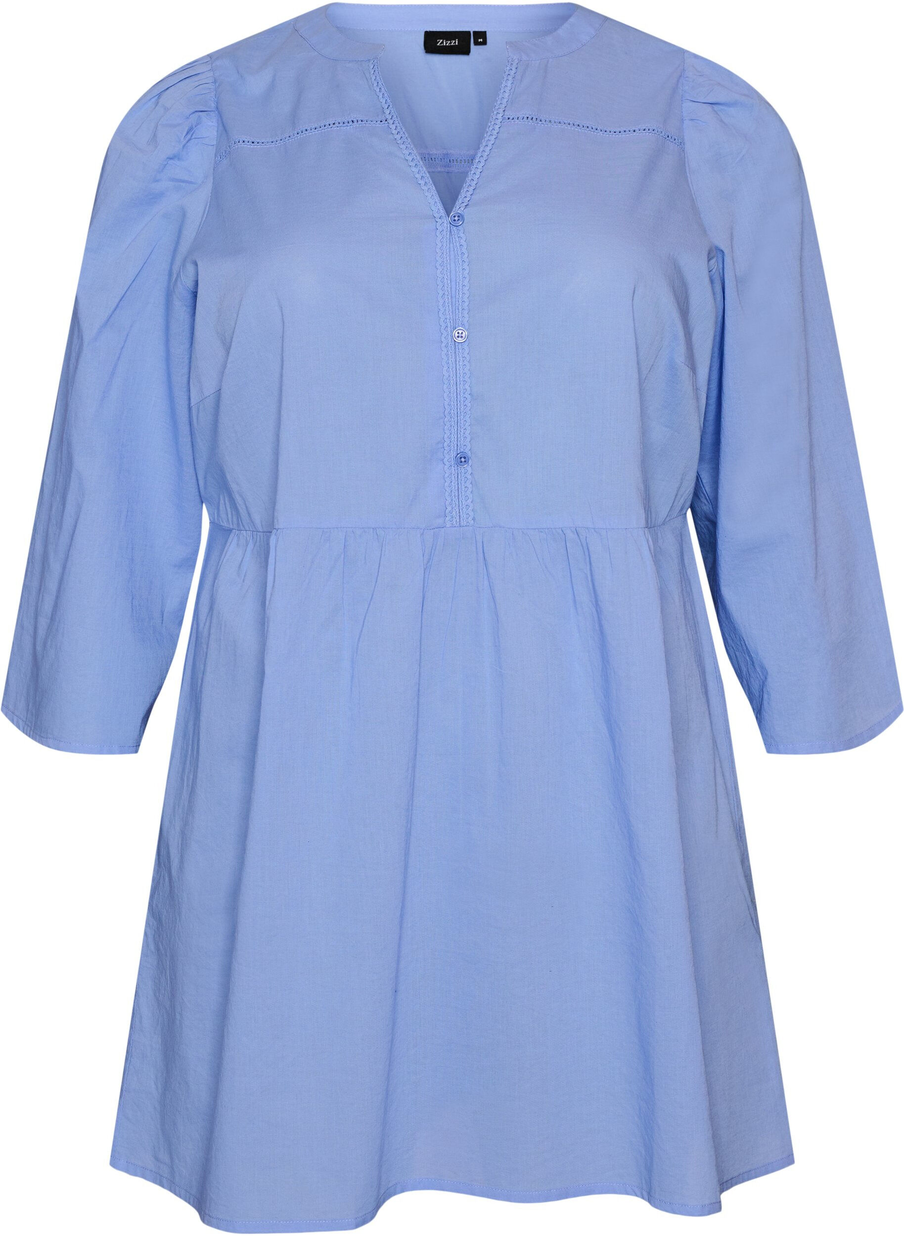 Zizzifashion Cotton tunic with a V-neck and crochet trim, Blue, Packshot image number 0
