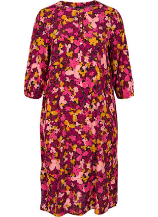 Floral viscose dress with 3/4 sleeves, Hot Pink Flower, Packshot image number 0