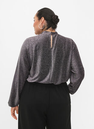 Long-sleeved glitter blouse with round neck and V-detail, Black Silver, Model image number 1