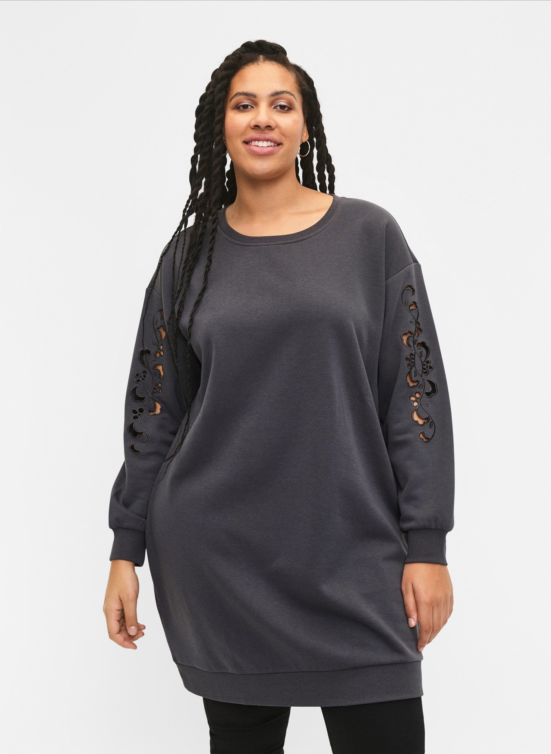 Zizzifashion Sweat dress with embroidered details, Dark Grey, Model image number 0