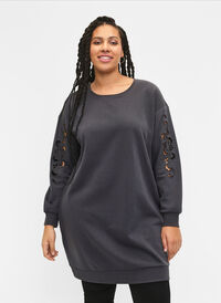 Sweat dress with embroidered details, Dark Grey, Model