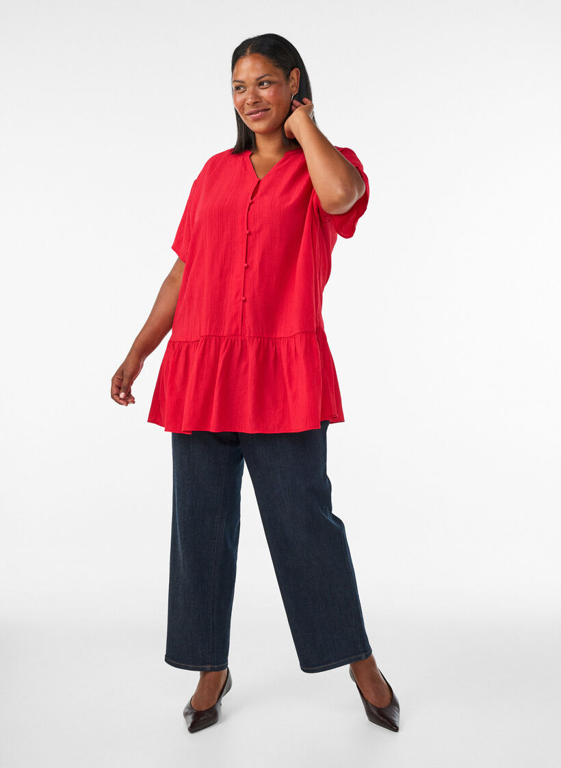 Loose tunic with crinkled texture and ruffle hem, Red, Model image number 1