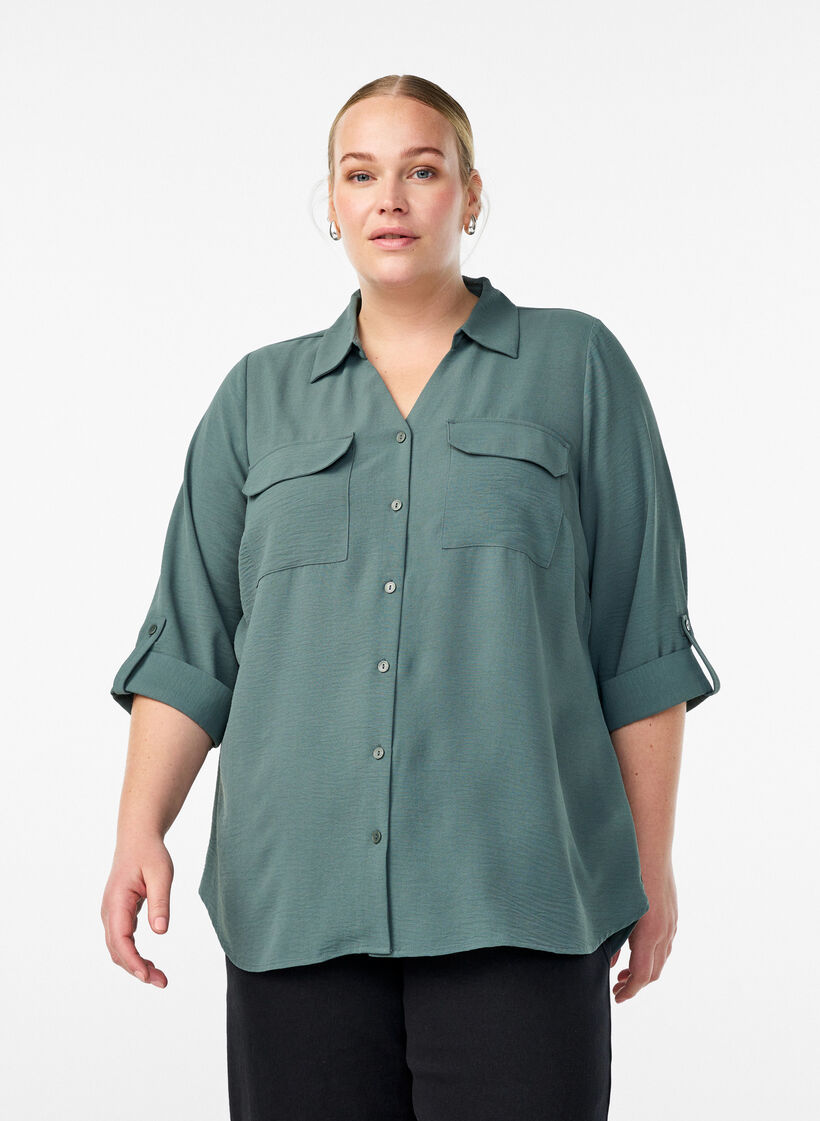 Shirt with chest pockets and 3/4 sleeves, Green, Model image number 0