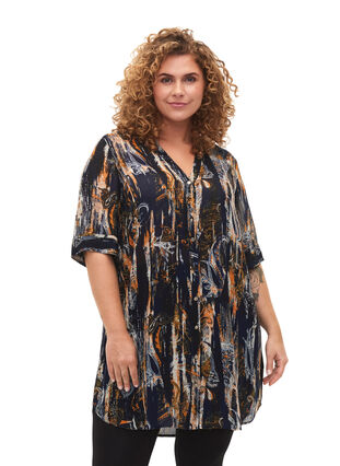 Short-sleeved viscose tunic with paisley print, Navy Blazer AOP, Model image number 0