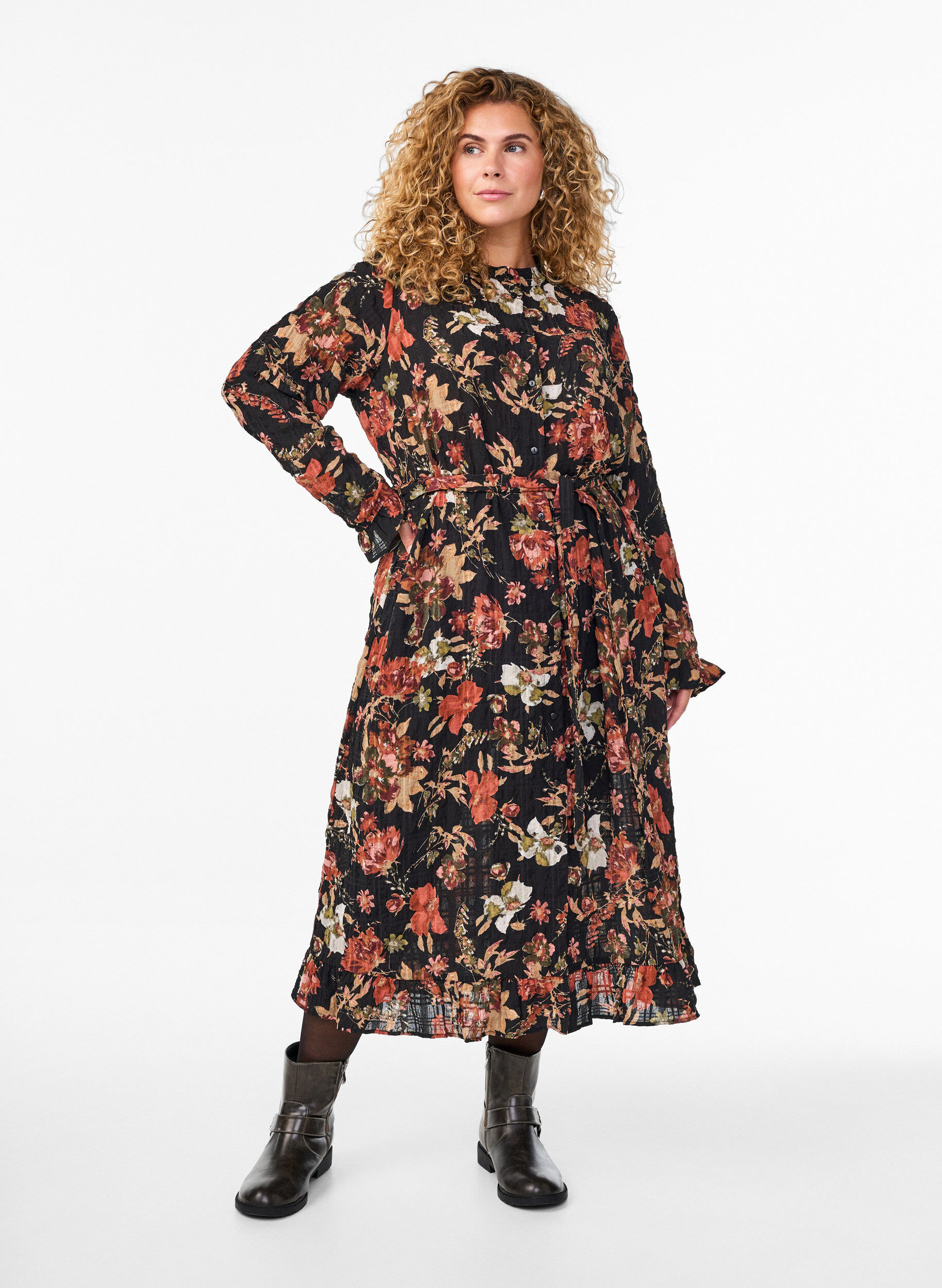Zizzifashion Midi dress with floral print and detachable tie belt, Black, Model image number 0