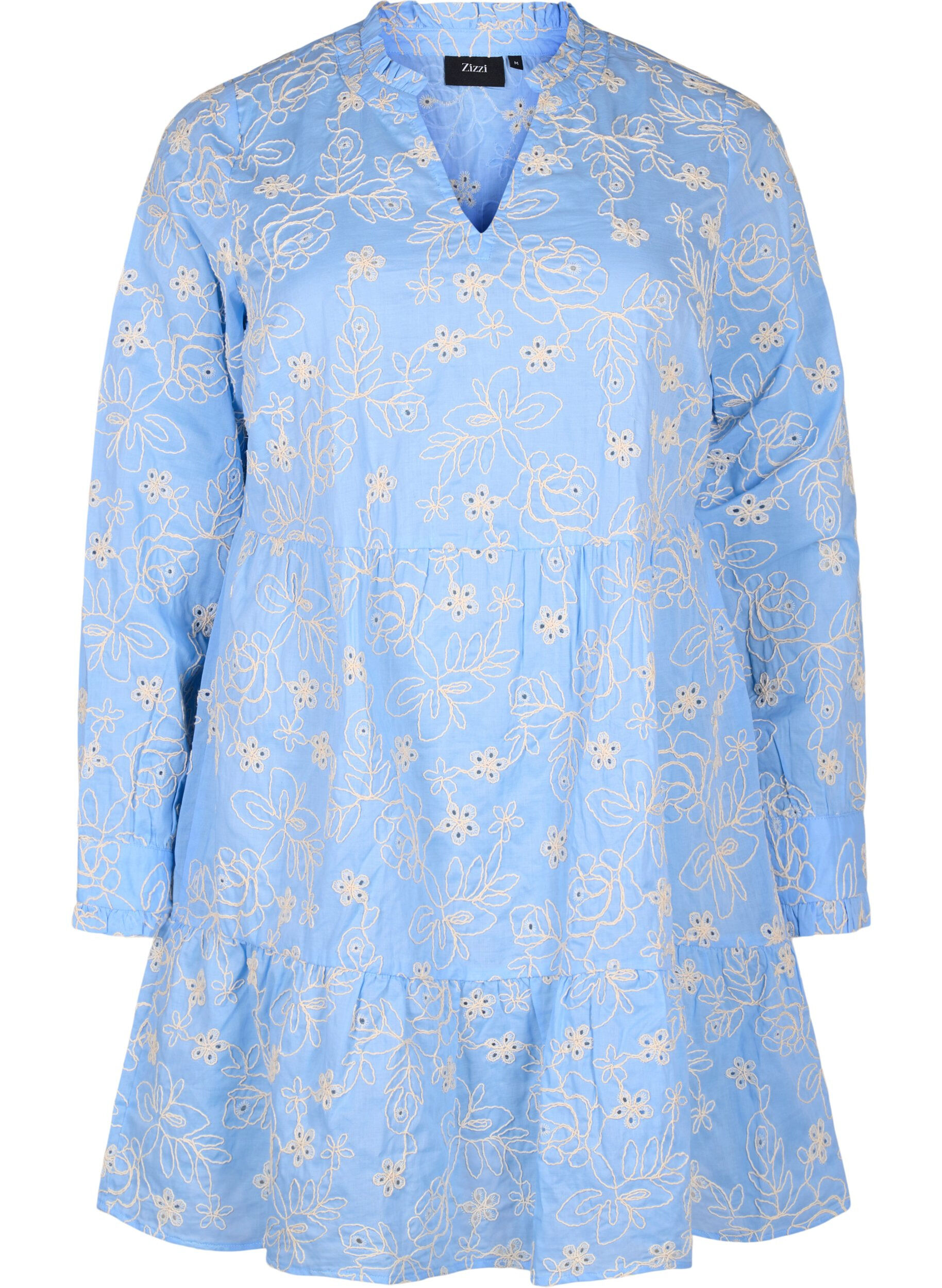 Zizzifashion Dress with embroidered flowers and long sleeves, Light Blue, Packshot image number 0
