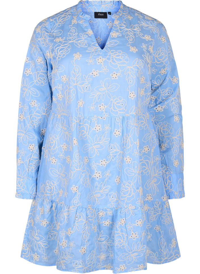 Dress with embroidered flowers and long sleeves, Light Blue, Packshot image number 0