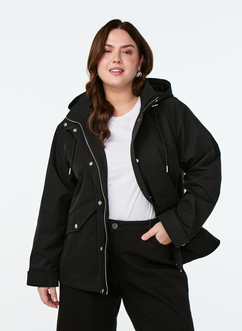 Short spring jacket with detachable hood, Black, Model image number 0