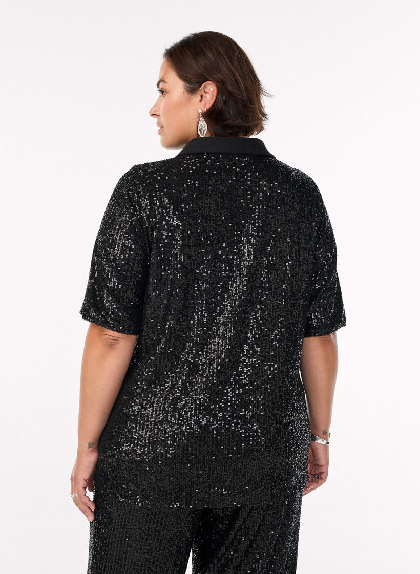 Sequin blouse with polo collar and short sleeves, Black, Model image number 2