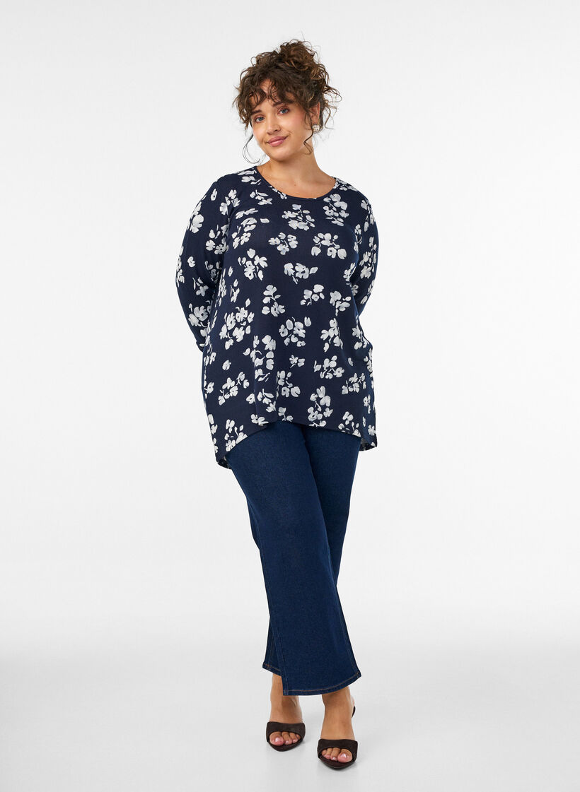 Floral blouse with long sleeves, Blue, Model image number 1