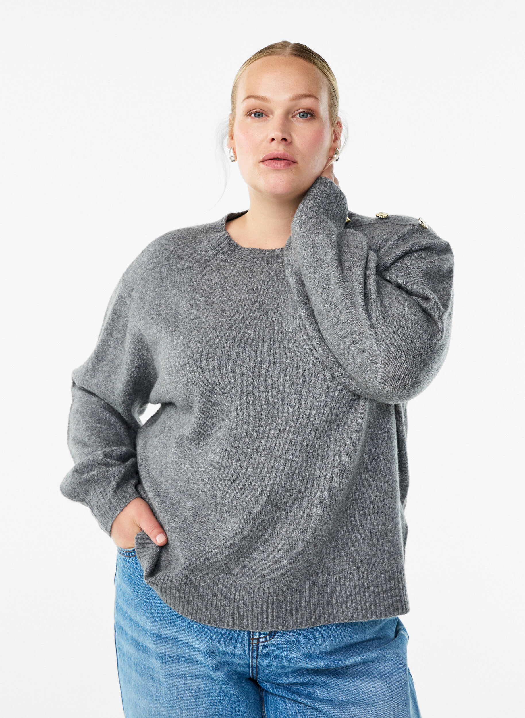 ZizzifashionKnit blouse with button detail, Grey, Model image number 0