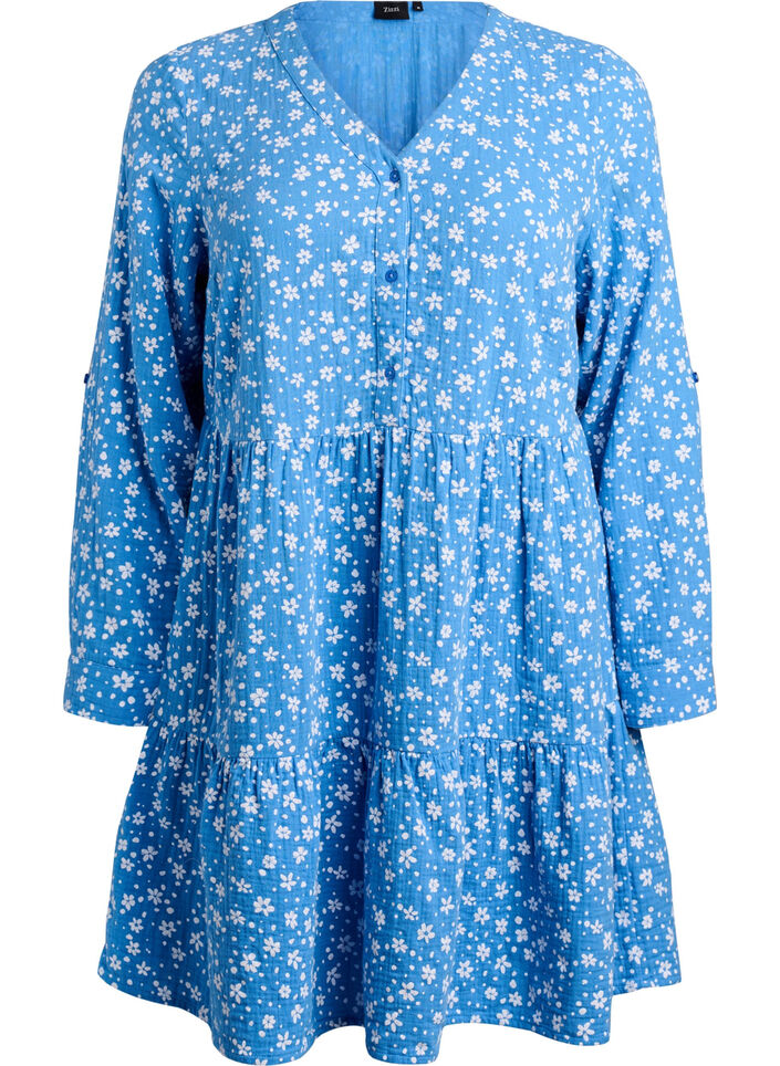 Short dress in patterned cotton muslin, Blue, Packshot image number 0