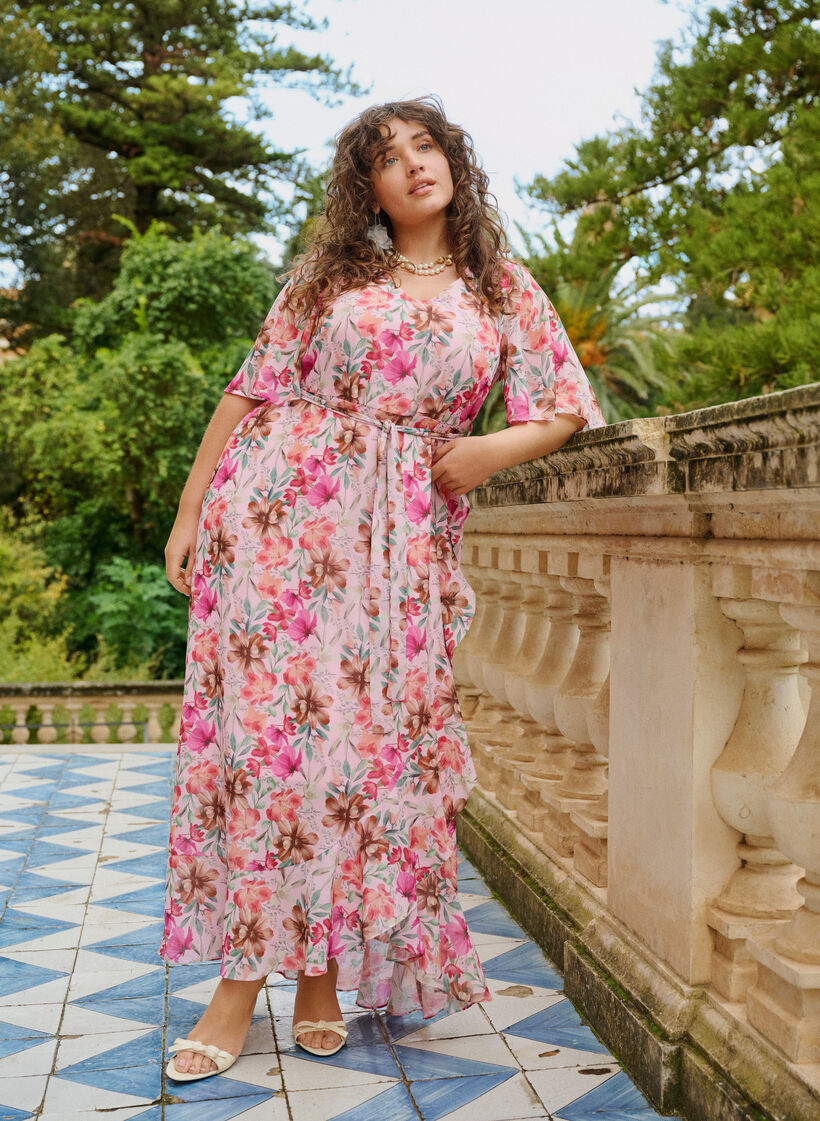 Chiffon maxi dress with a V-neck and ruffle hem, , Image image number 0