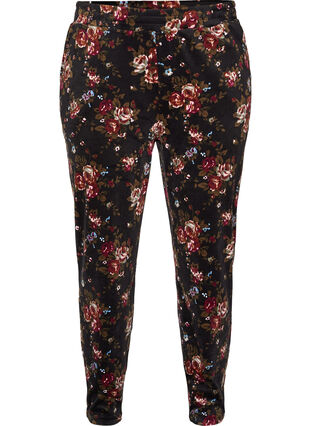 Floral print velour trousers with pockets, Flower AOP, Packshot image number 0
