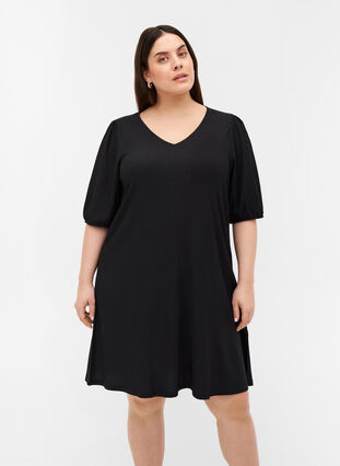 Dress with puff sleeves and V-neck, Black, Model image number 0