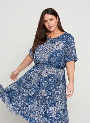 Short-sleeved midi dress in viscose, Asian Blue Print, Model image number 2