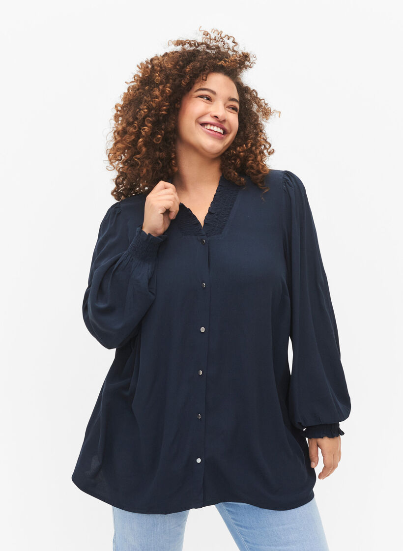 Long-sleeved shirt blouse in viscose, Total Eclipse, Model image number 0