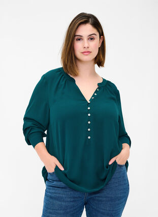 V-neck blouse with button details, Ponderosa Pine, Model image number 0