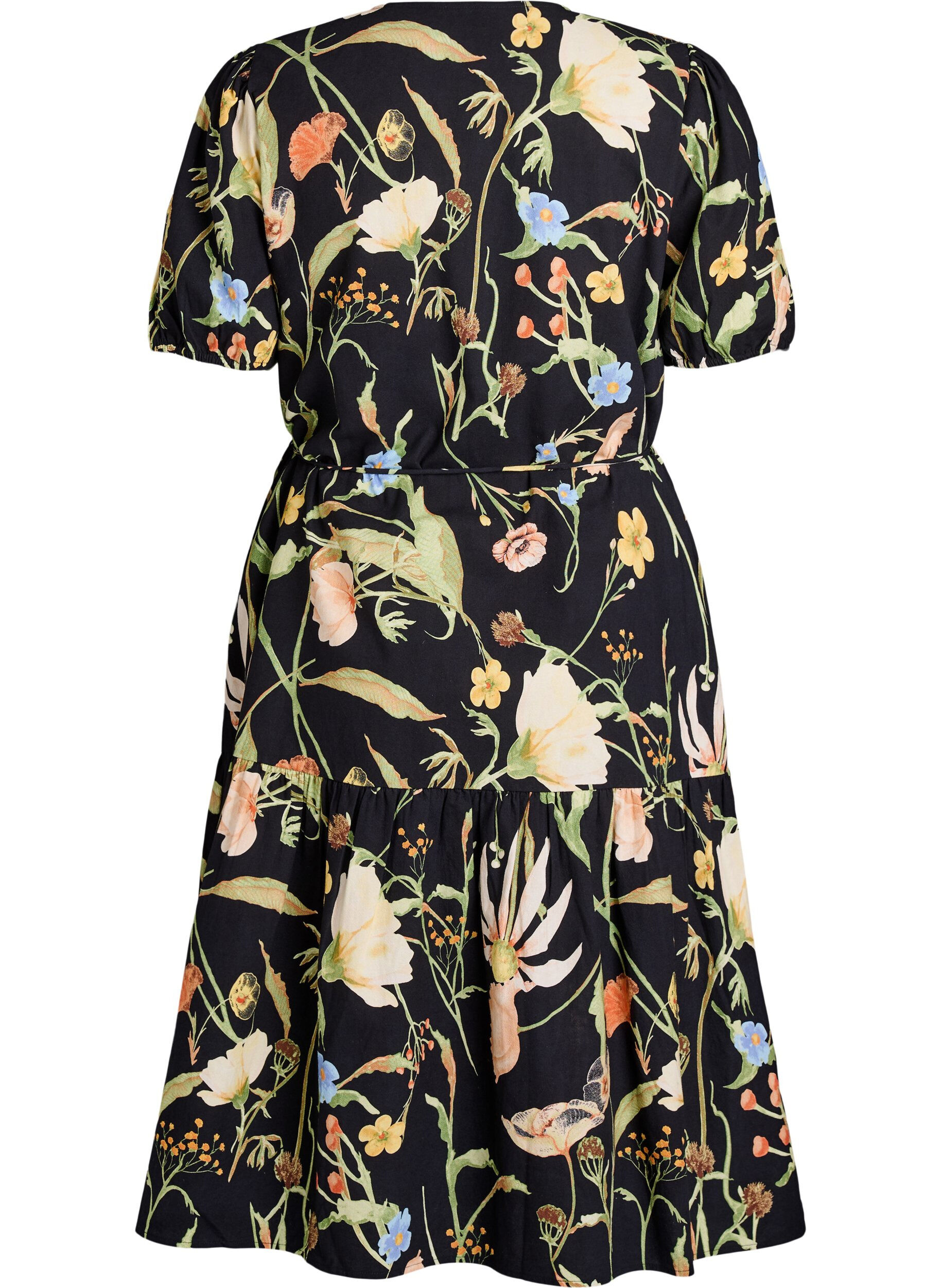 Zizzifashion Midi dress with floral print and tie-belt, Black, Packshot image number 1