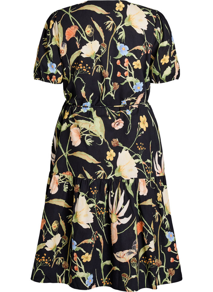 Midi dress with floral print and tie-belt, Black, Packshot image number 1